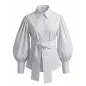 Preview: Striped Blouse with Balloon Sleeves and Waist Belt