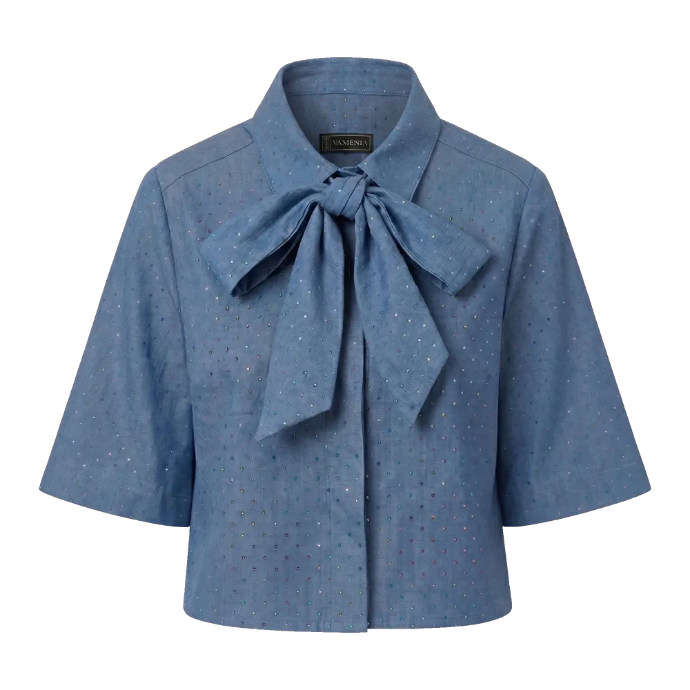 Blaue Bluse mit Schleife aus Baumwolle