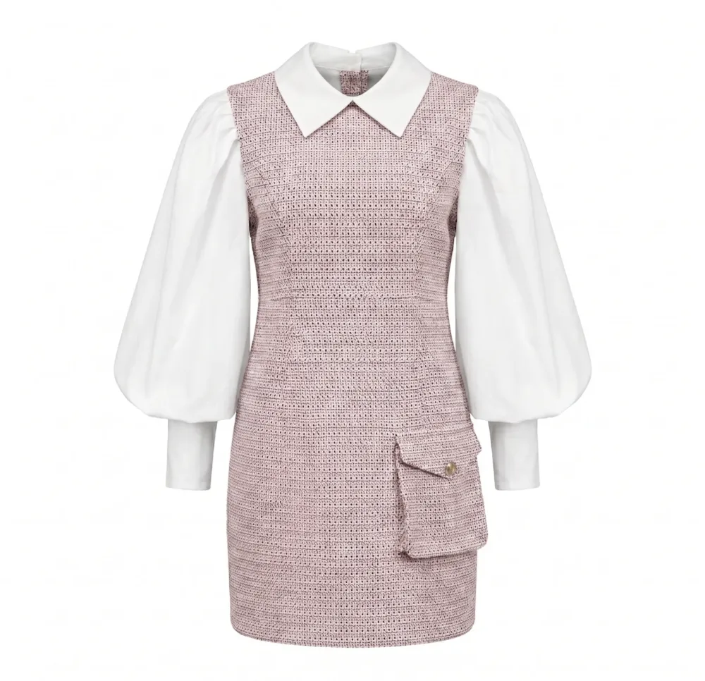 Tweed Kleid in Rosa Mix mit Ballonärmeln