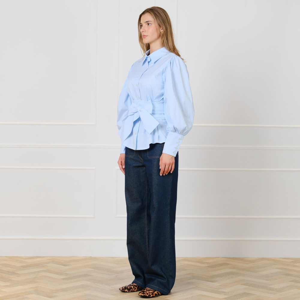 Preview: Bluse mit Ballonärmeln und Taillengürtel in Blau