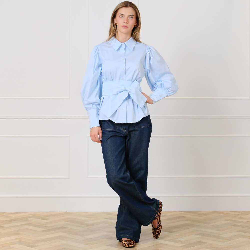 Preview: Bluse mit Ballonärmeln und Taillengürtel in Blau