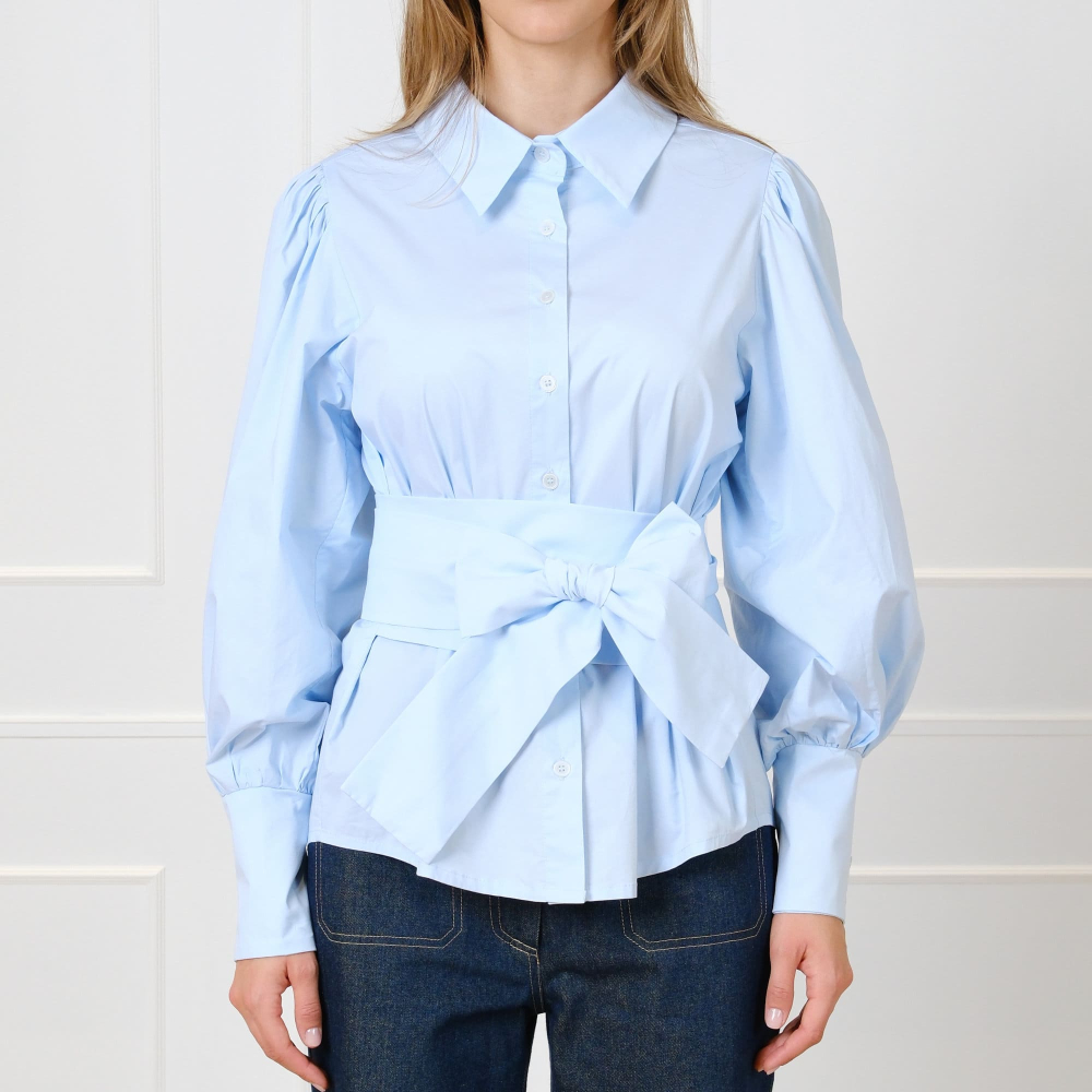 Bluse mit Ballonärmeln und Taillengürtel in Blau
