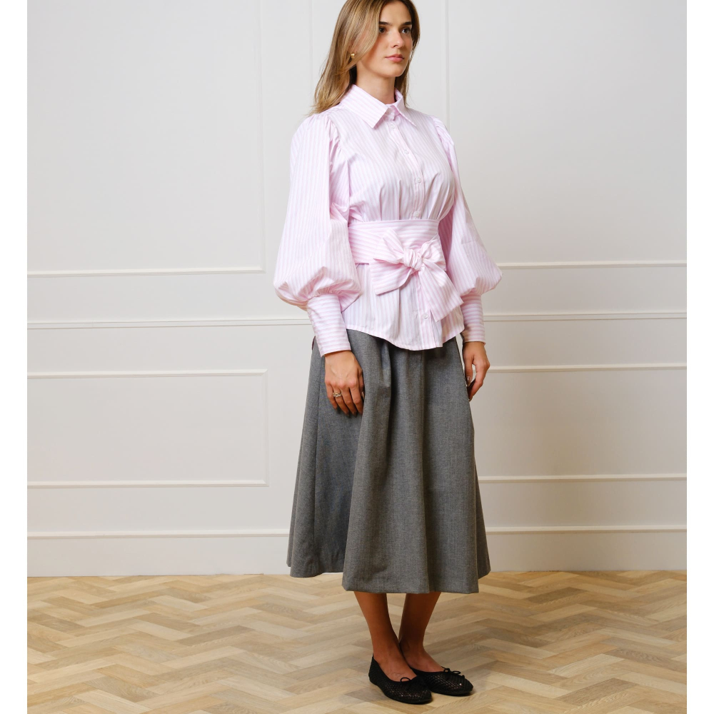 Preview: Gestreifte Bluse mit Ballonärmeln und Taillengürtel in Rosa