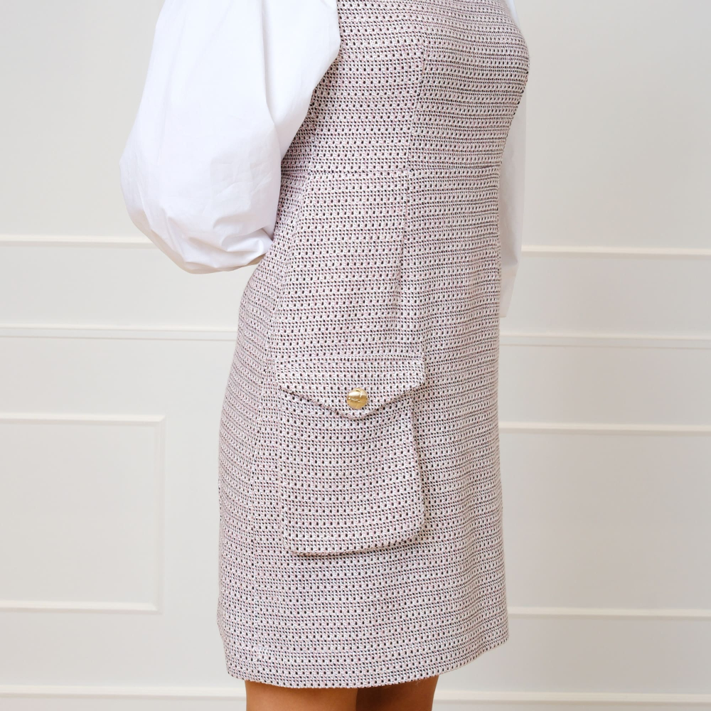 Preview: Tweed Kleid in Rosa Mix mit Ballonärmeln