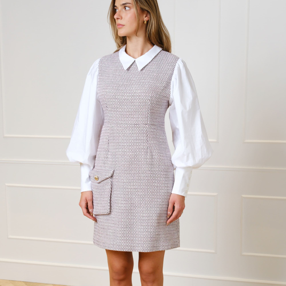 Preview: Tweed Kleid in Rosa Mix mit Ballonärmeln