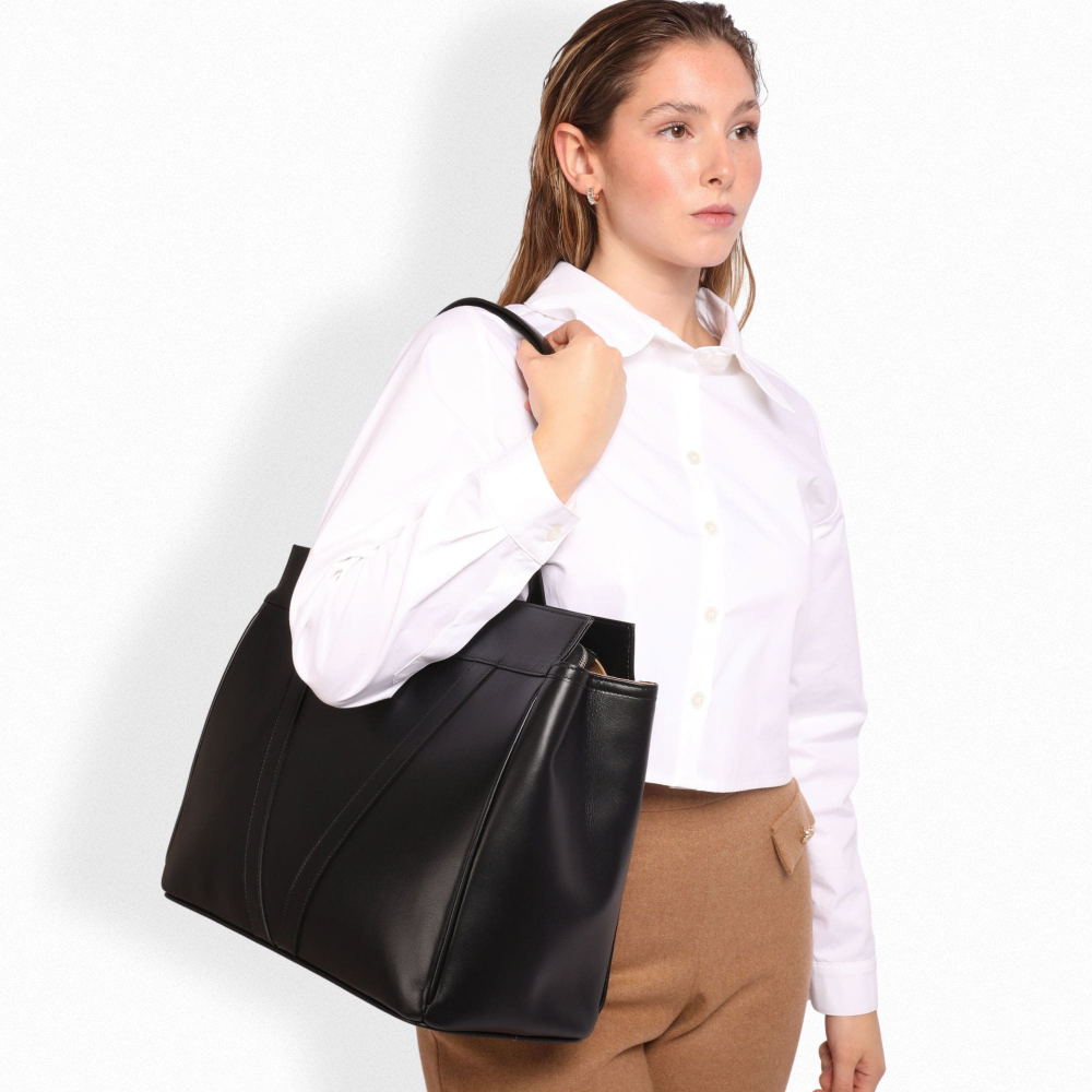 Shopper Tasche mit Reißverschluss aus glattem Kalbsleder schwarz