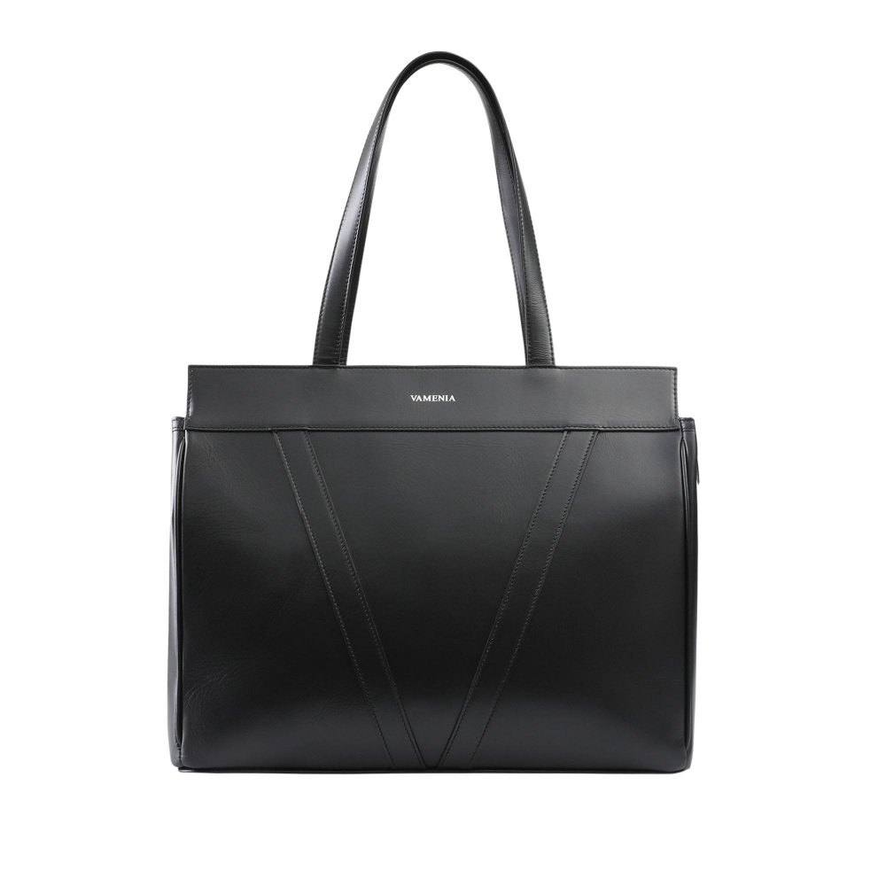 Shopper Tasche mit Reißverschluss aus glattem Kalbsleder schwarz