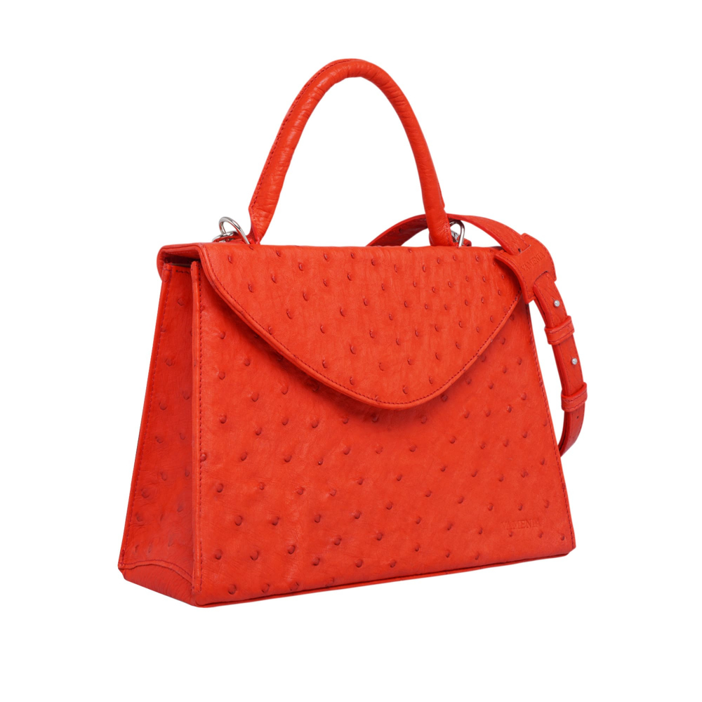 Handle Bag with shoulder strap made of ostrich leather red
