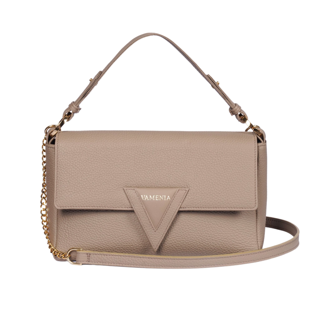 Schultertasche aus genarbtem Kalbsleder in beige -MINERVA-