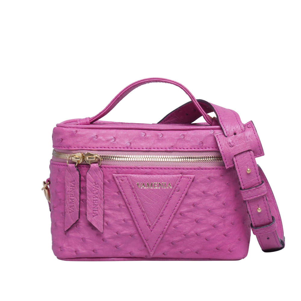 Shoulder bag made of magenta ostrich leather