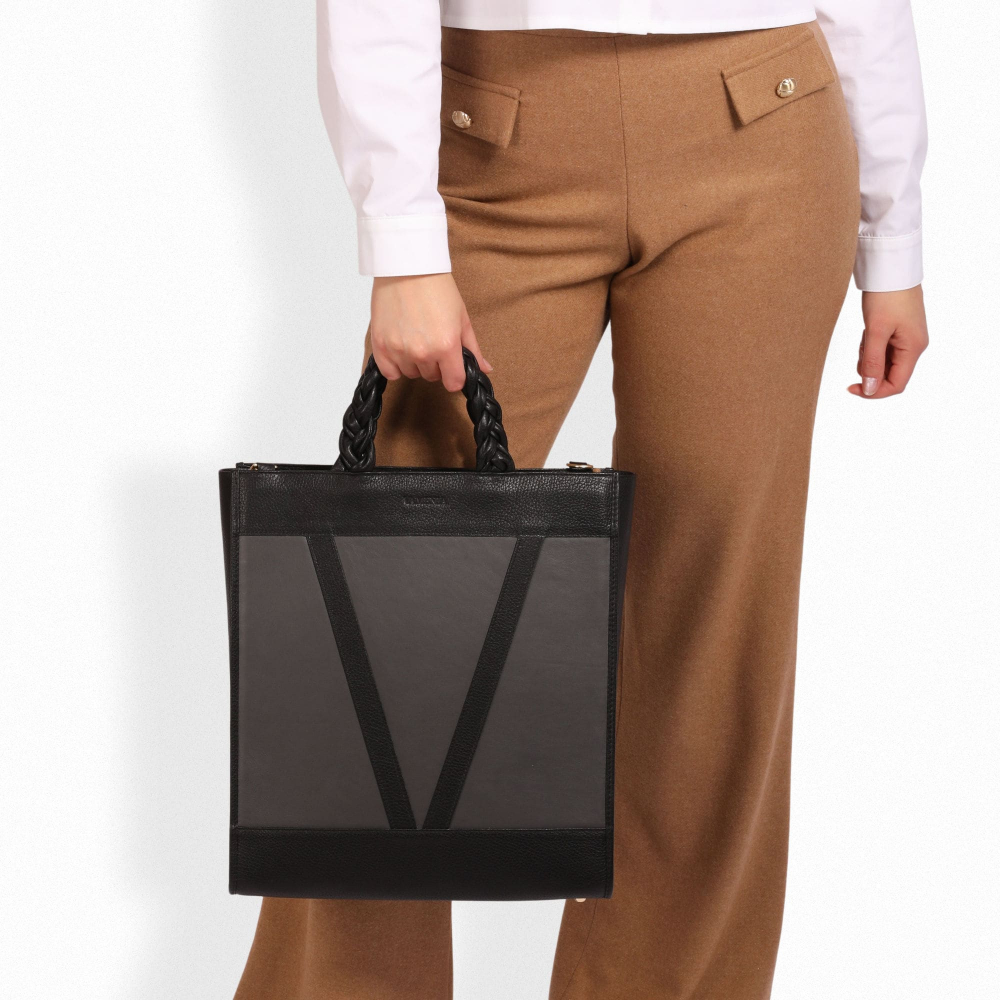 Tote Bag Handtasche aus glattem Kalbsleder mit geflochtenen Henkeln -SOL-