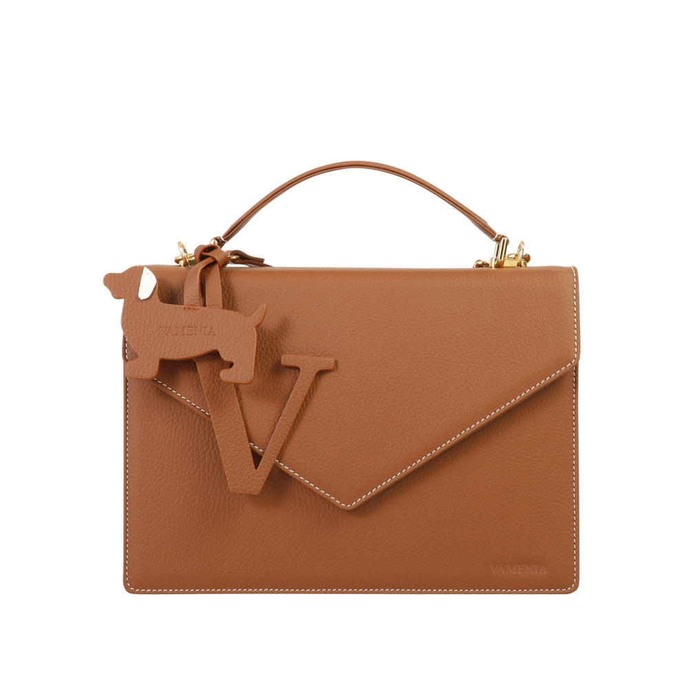 Handle Bag with shoulder strap made of calfskin brown