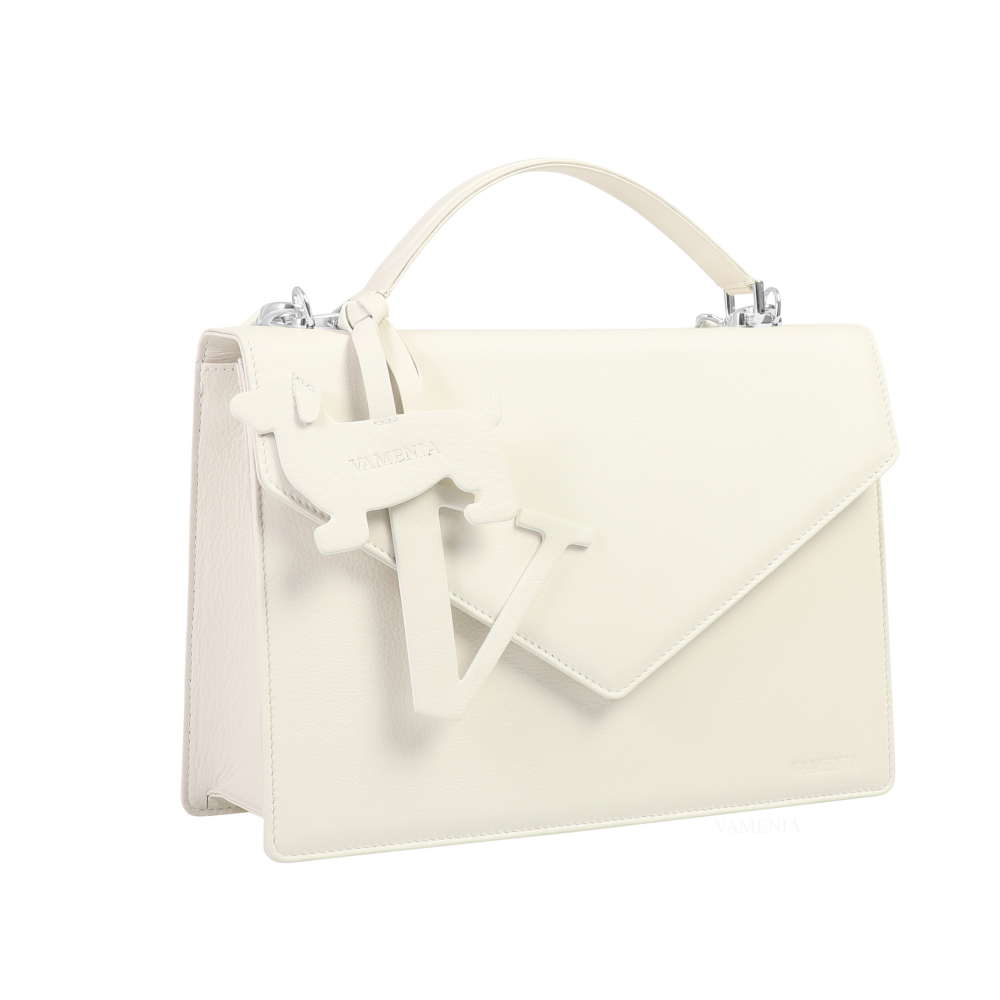 Handle Bag with shoulder strap made of calfskin white