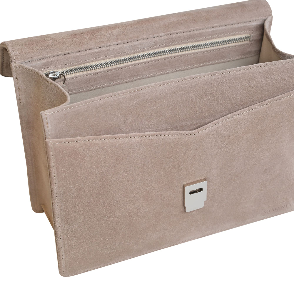 Preview: Handle Bag with shoulder strap made of Suede Greige