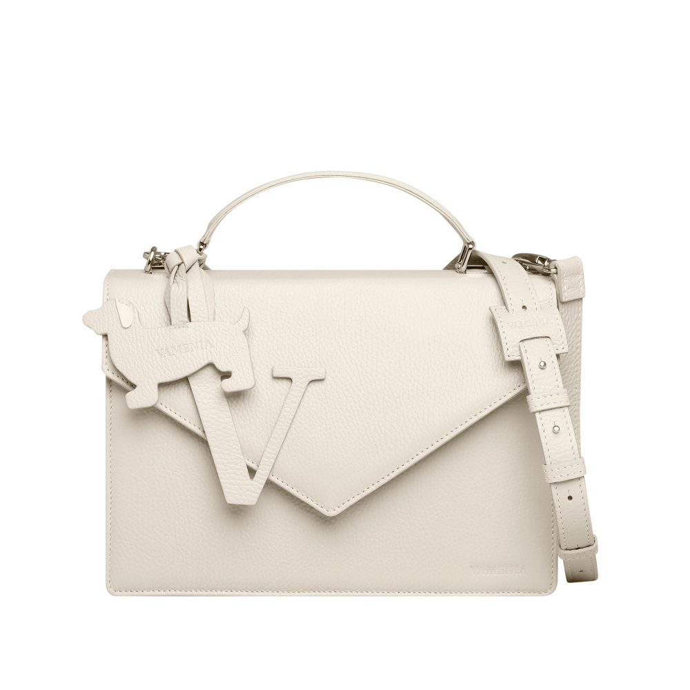 Handle Bag with shoulder strap made of calfskin light creme
