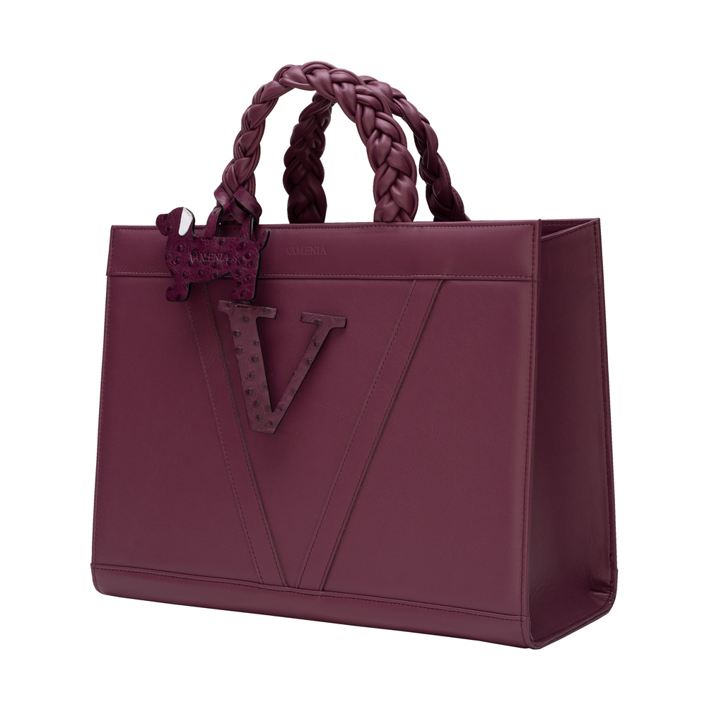 Handtasche aus glattem Kalbsleder mit geflochtenen Henkeln Magenta -VESTA-