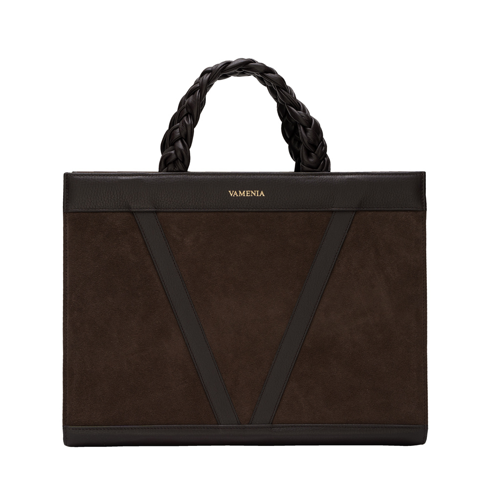 Handtasche aus Wildleder mit geflochtenen Henkeln dunkelbraun