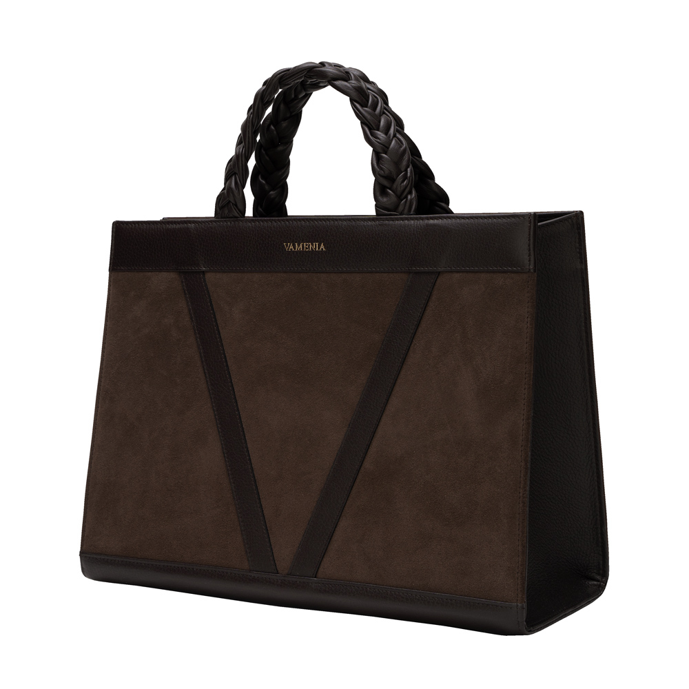 Handtasche aus Wildleder mit geflochtenen Henkeln dunkelbraun