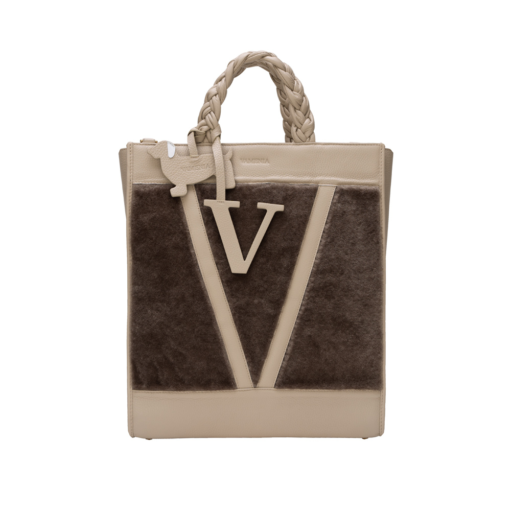 Tote Bag Handtasche aus Lammfell mit geflochtenen Henkeln Beige -SOL-