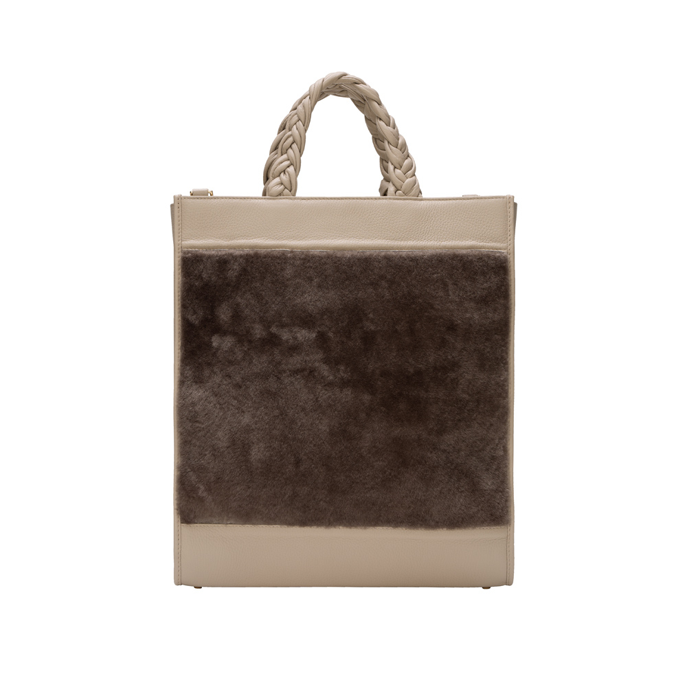 Tote Bag Handtasche aus Lammfell mit geflochtenen Henkeln Beige -SOL-
