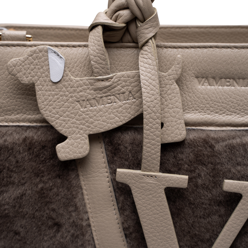 Tote Bag Handtasche aus Lammfell mit geflochtenen Henkeln Beige -SOL-