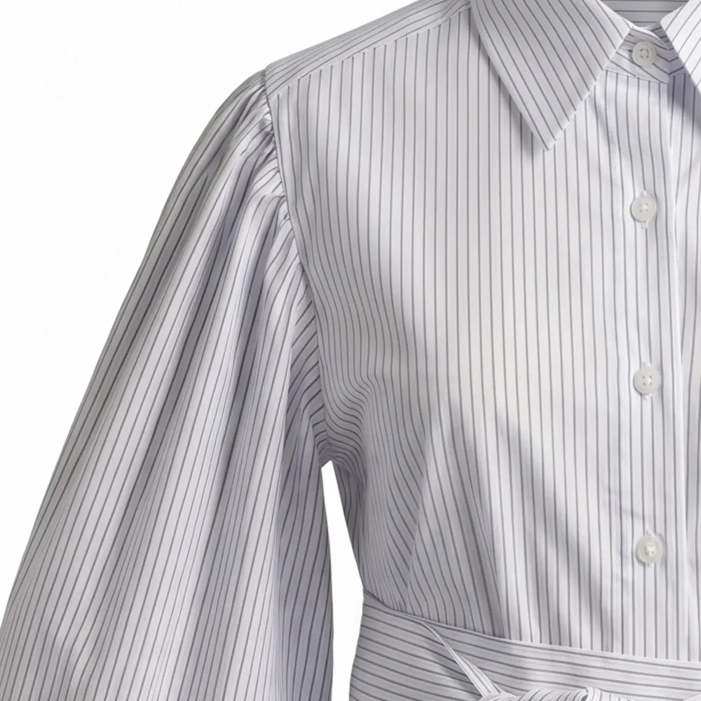 Striped Blouse with Balloon Sleeves and Waist Belt
