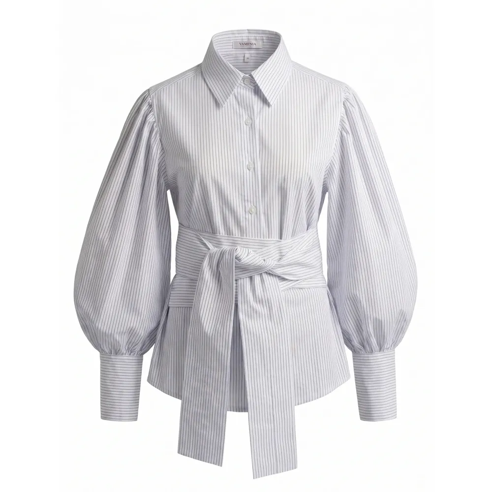 Striped Blouse with Balloon Sleeves and Waist Belt