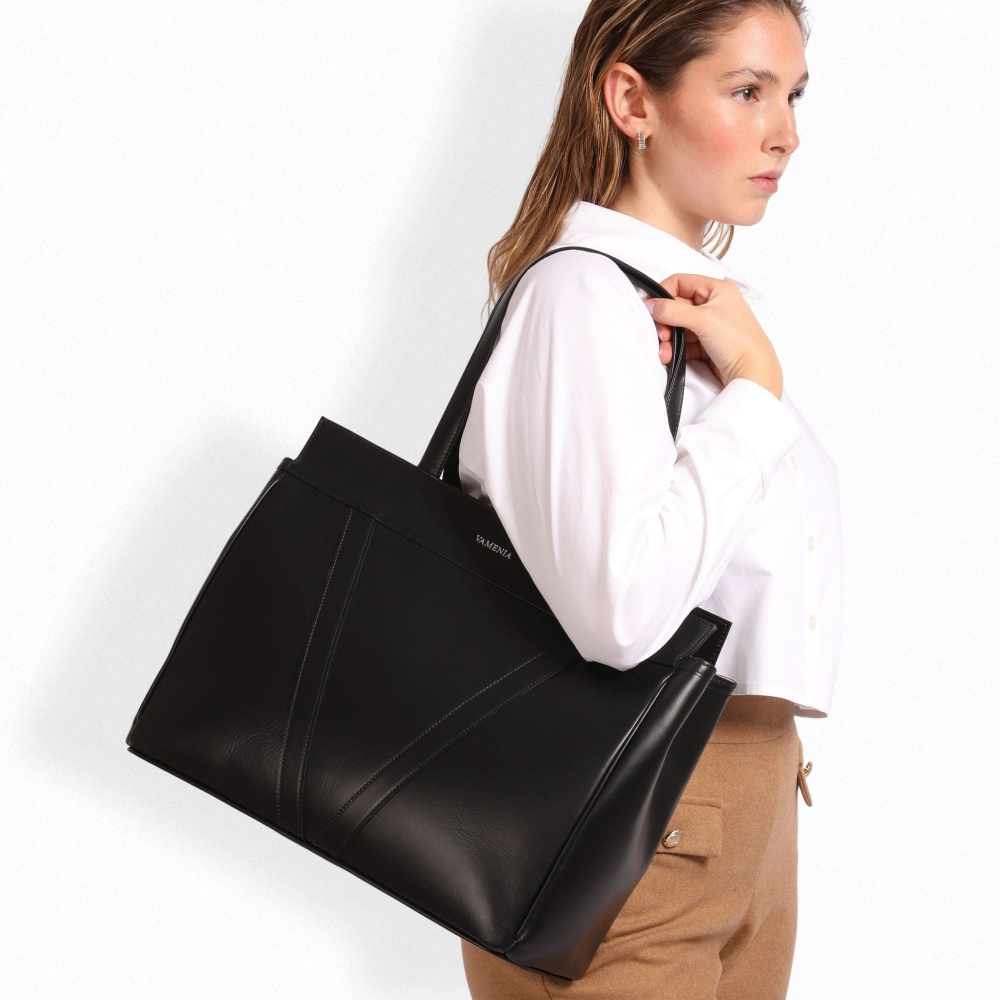 Shopper Tasche mit Reißverschluss aus glattem Kalbsleder schwarz