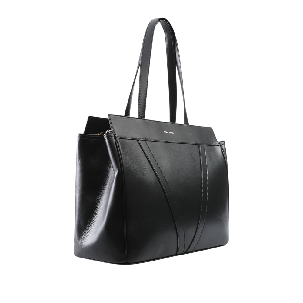 Shopper Tasche mit Reißverschluss aus glattem Kalbsleder schwarz