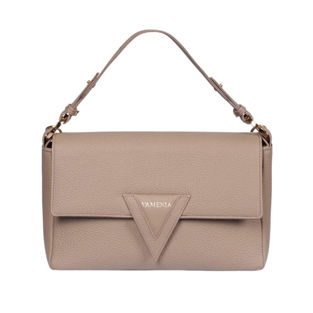 Schultertasche aus genarbtem Kalbsleder in beige -MINERVA-