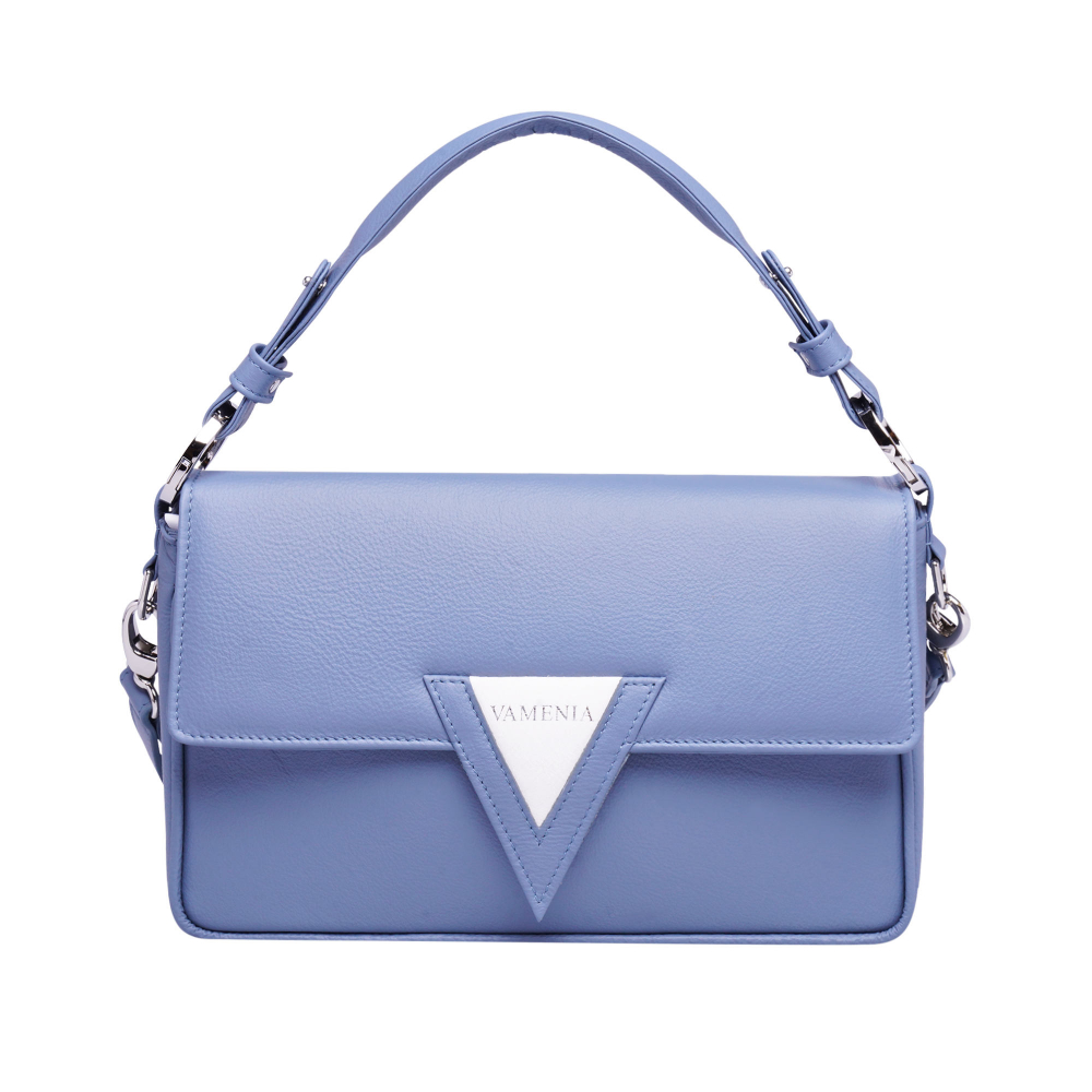 Schultertasche aus genarbtem Kalbsleder blau