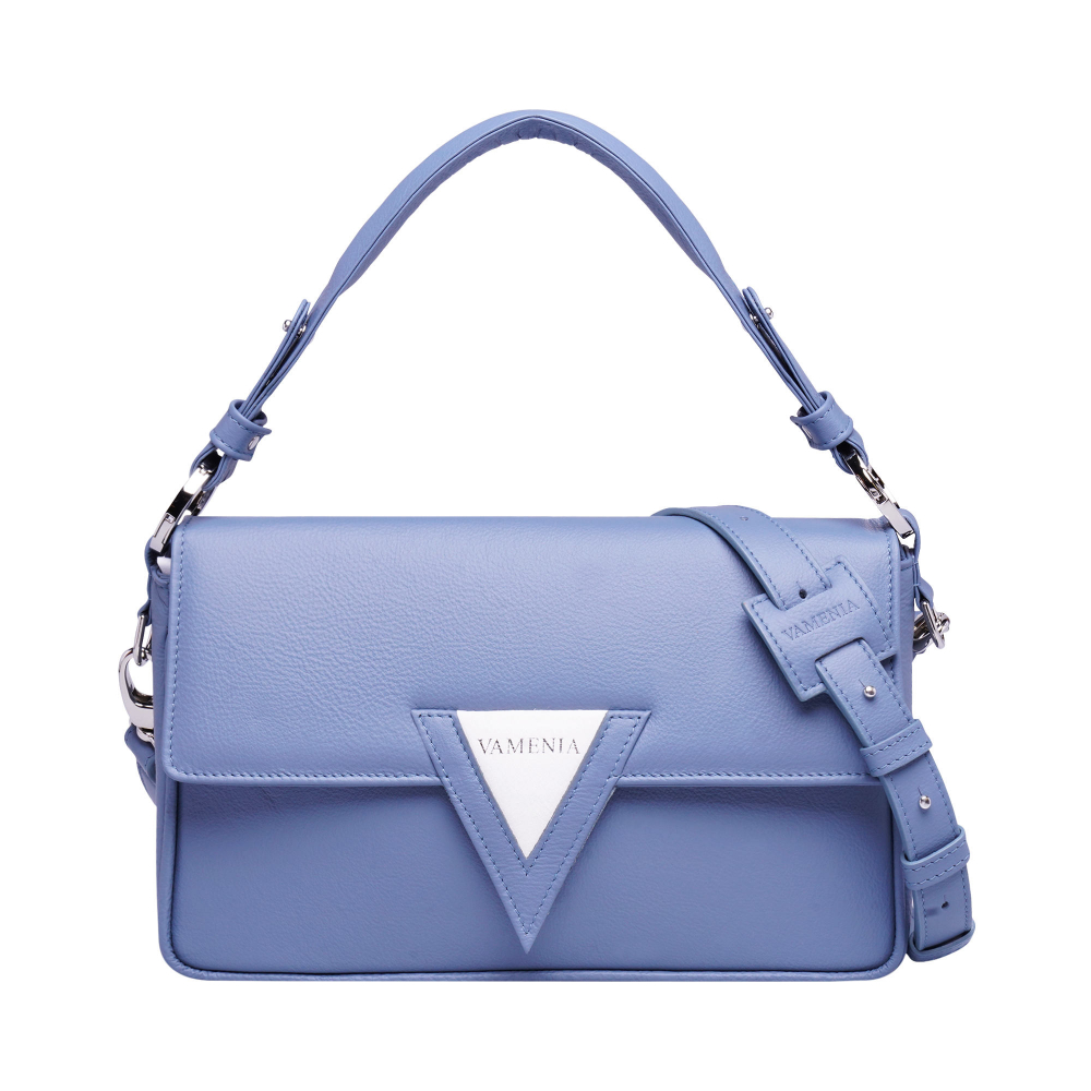Schultertasche aus genarbtem Kalbsleder blau
