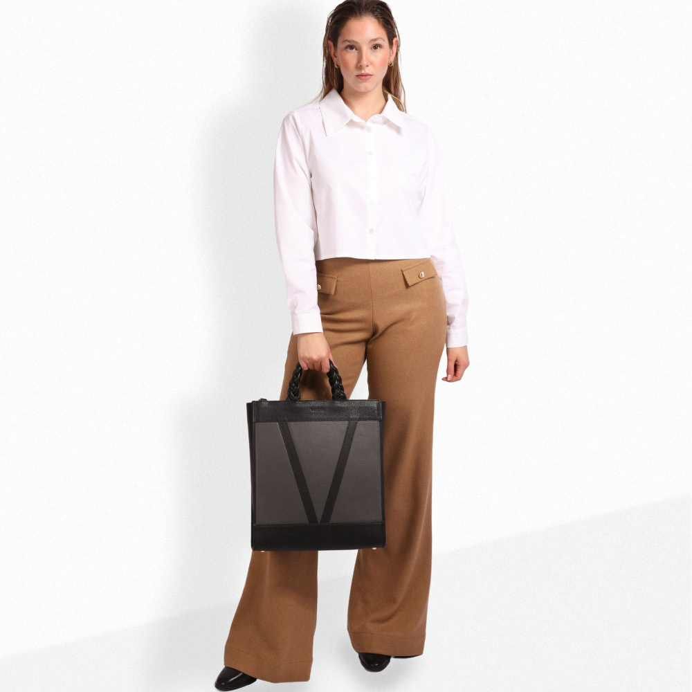 Tote Bag Handtasche aus glattem Kalbsleder mit geflochtenen Henkeln -SOL-