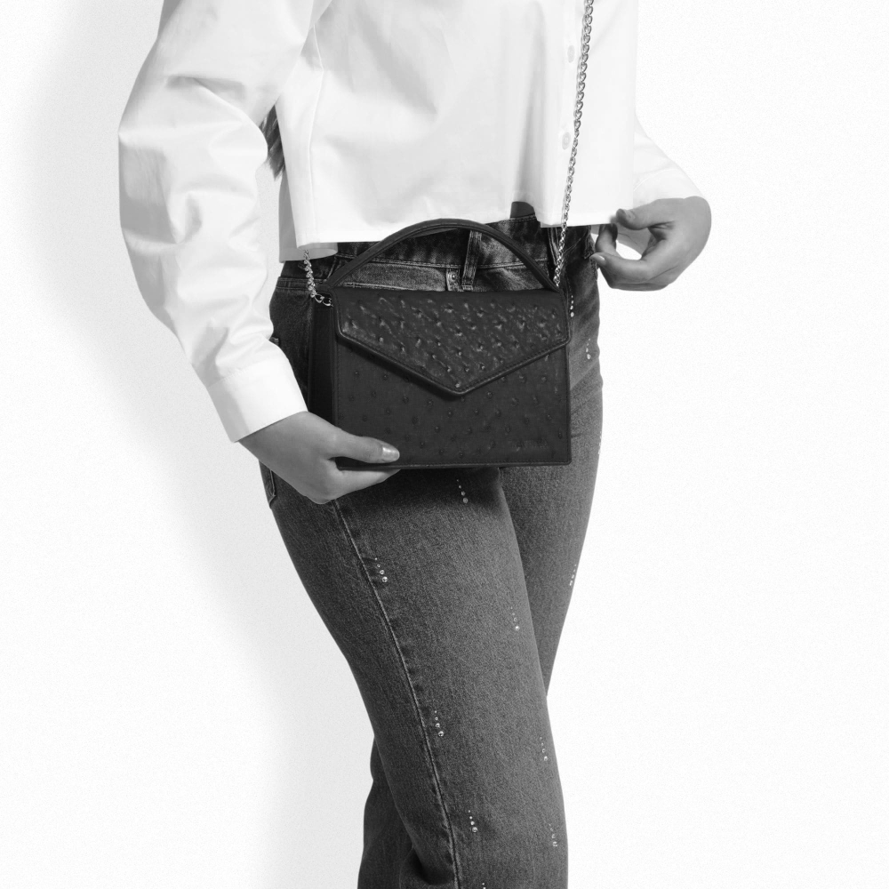 Small Handle Bag made of ostrich leather black