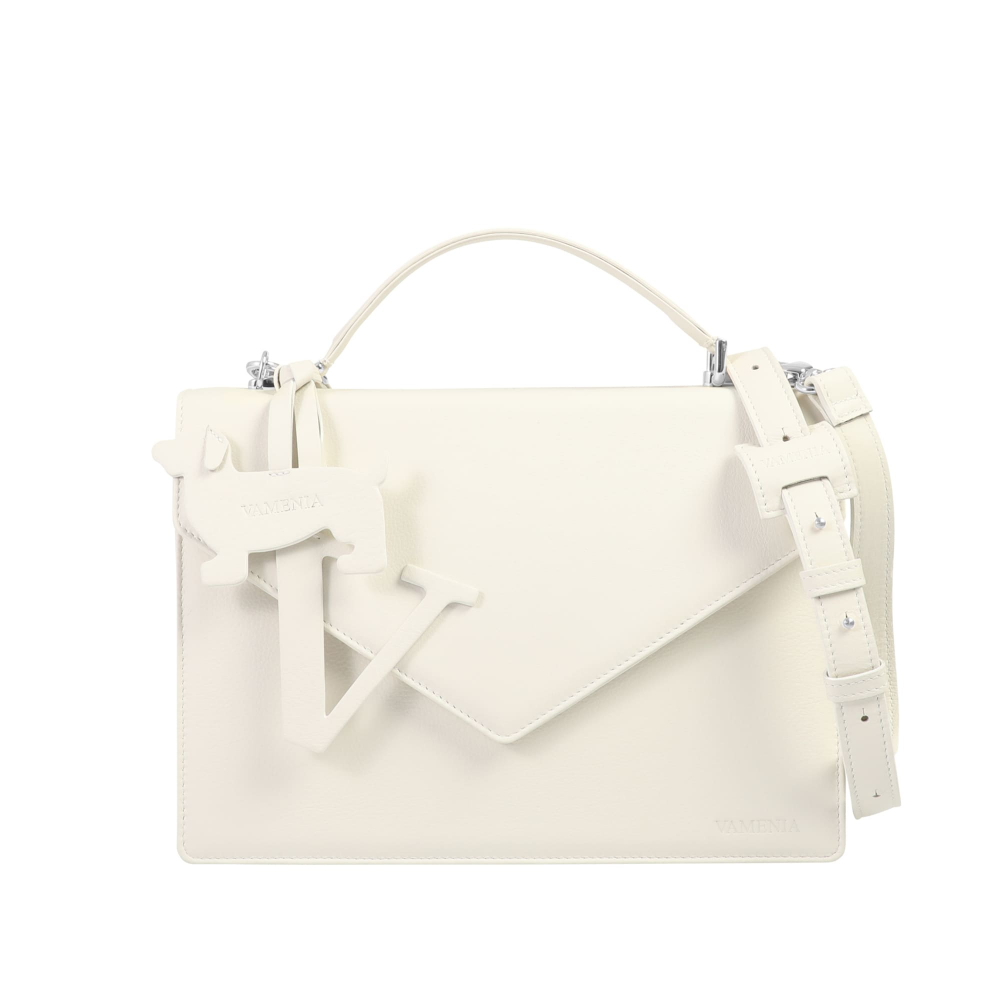 Handle Bag with shoulder strap made of calfskin white
