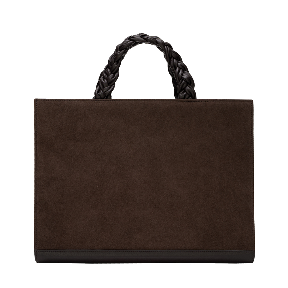 Handtasche aus Wildleder mit geflochtenen Henkeln dunkelbraun