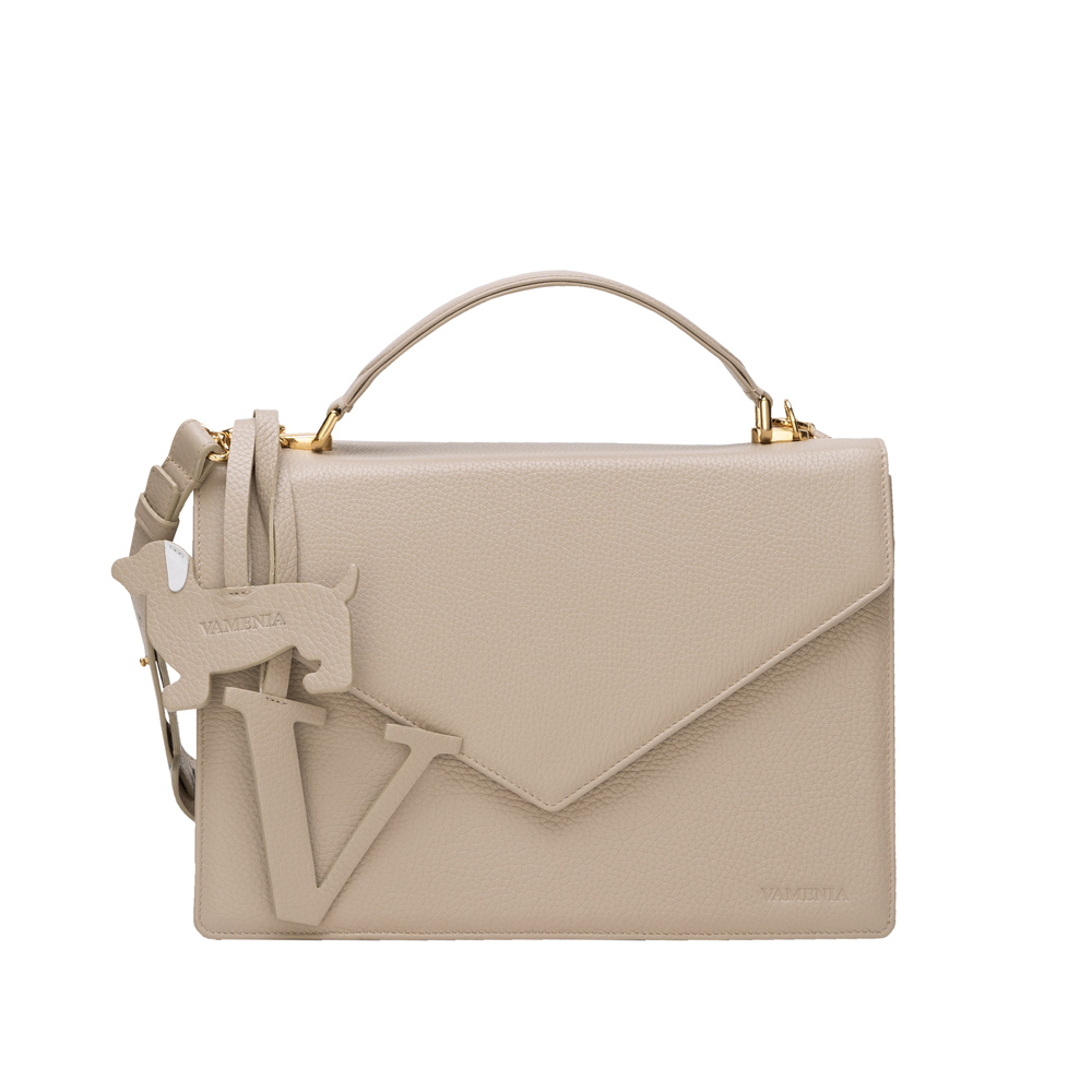 Große Henkeltasche mit Umhängegurt aus genarbtem Kalbsleder Beige -SPES-