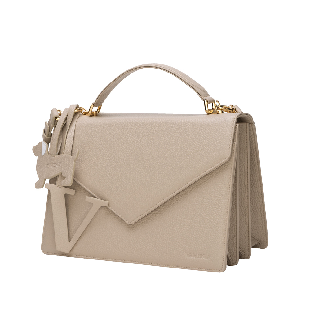 Große Henkeltasche mit Umhängegurt aus genarbtem Kalbsleder Beige -SPES-