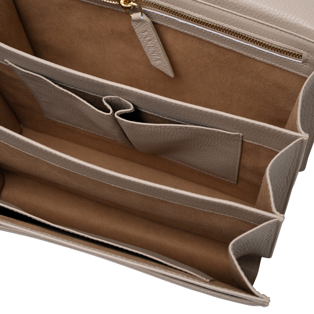 Große Henkeltasche mit Umhängegurt aus genarbtem Kalbsleder Beige -SPES-