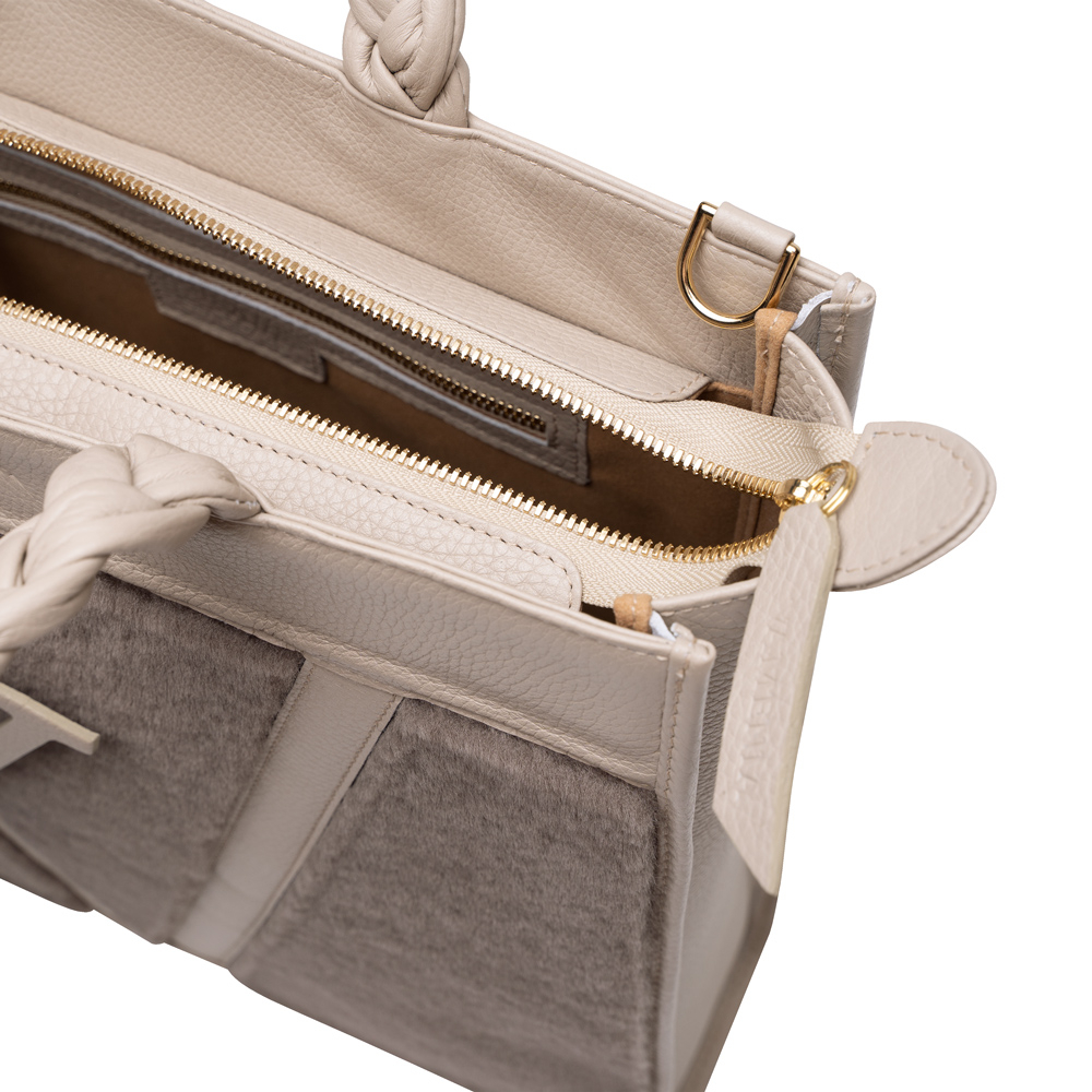 Tote Bag Handtasche aus Lammfell mit geflochtenen Henkeln Beige -SOL-