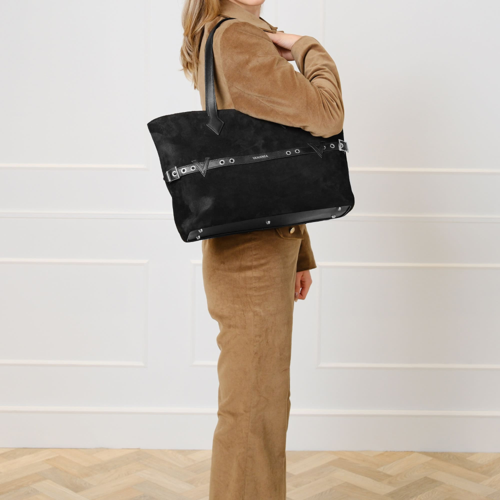 Shopper Tasche aus Wildleder und Saffiano Leder Schwarz