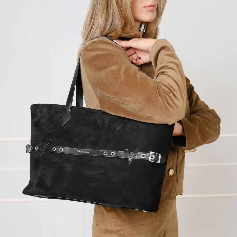 Shopper Tasche aus Wildleder und Saffiano Leder Schwarz